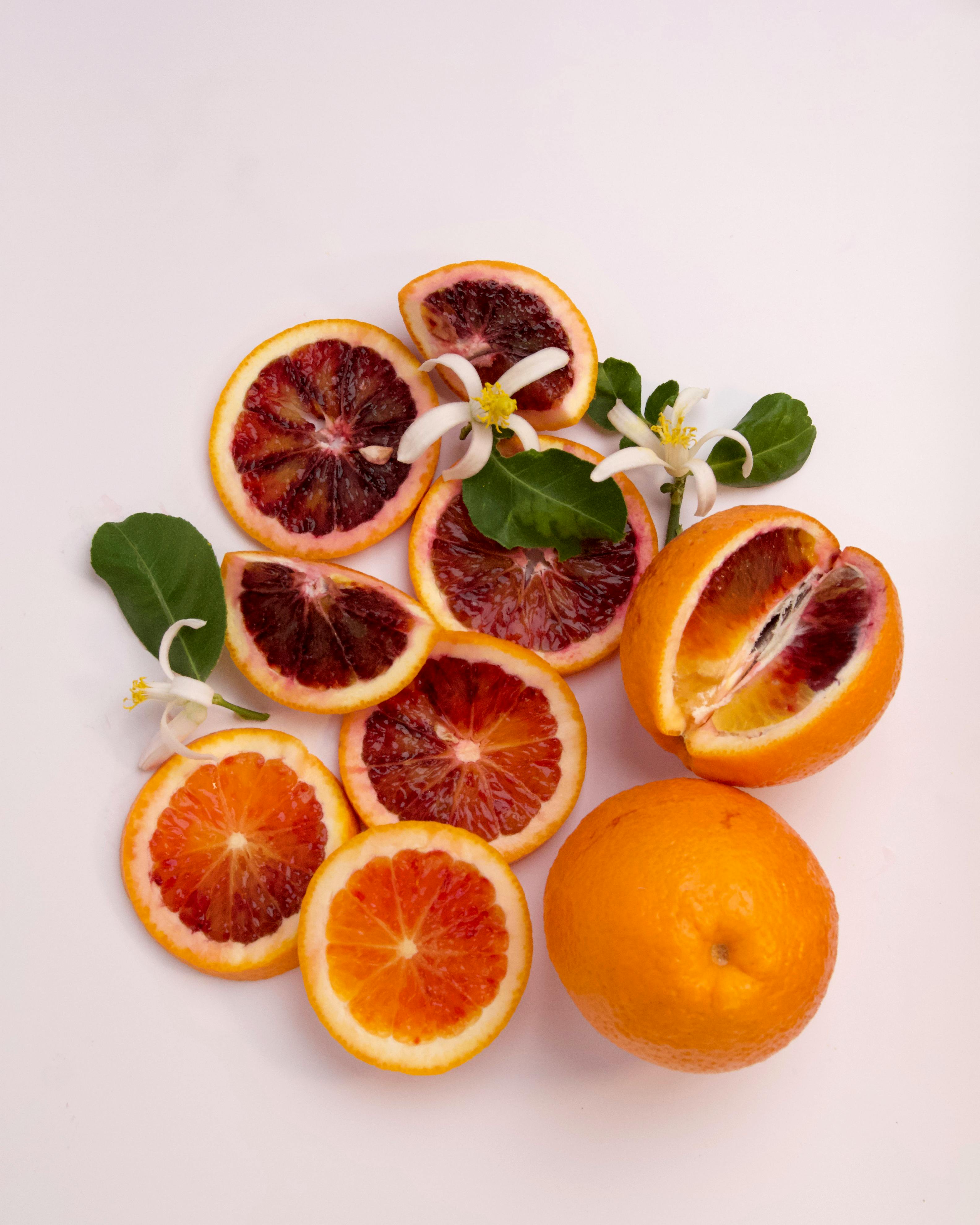 Fresh blood oranges and orange blossoms